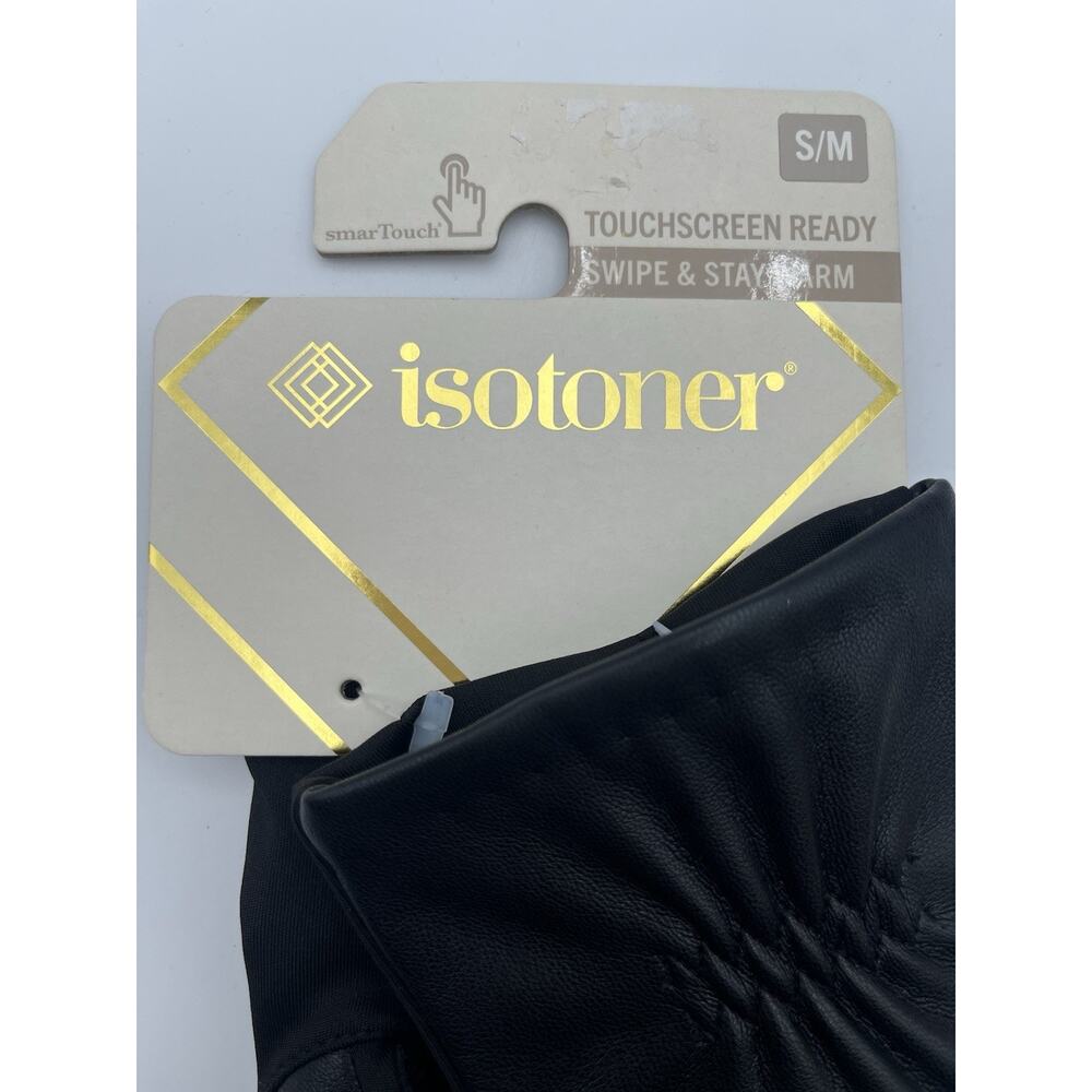 BRAND NEW Isotoner Womens Black Gloves S/M smarTouch Touchscreen Faux Leather - Picture 2 of 3
